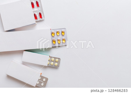 Blank White Product Package Box Mock-up. Open blank medicine drug box with blister top view 128466283