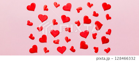 Valentine day background with red hearts, top view with copy space 128466332
