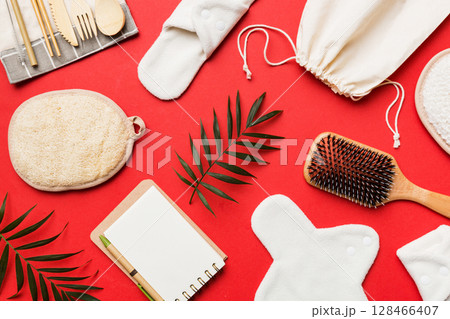 Zero waste concept. Eco-friendly home daily accessories. top view Zero waste concept. Eco-friendly home daily accessories. top view 128466407