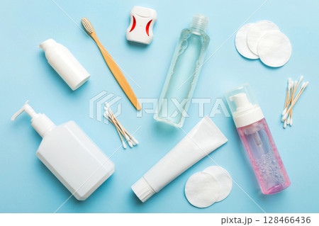 Mockup for bathing products top view flat lay, spa razor, toothpaste, soap, gel and other various accessories. Cosmetics for skin health. Bath Mockup for your logo Mockup for bathing products top view flat lay, spa razor, toothpaste, soap, gel and other various accessories. Cosmetics for skin health. Bath Mockup for your logo 128466436