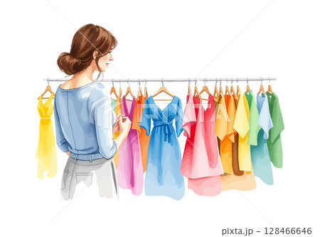 A young girl buys clothes in a store watercolor vector illustration. 128466646