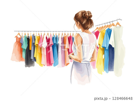 A young girl buys clothes in a store watercolor vector illustration. 128466648