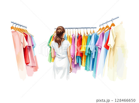 A young girl buys clothes in a store watercolor vector illustration. 128466650