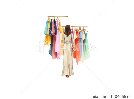 A young girl buys clothes in a store watercolor vector illustration. 128466655