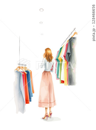 A young girl buys clothes in a store watercolor vector illustration. 128466656