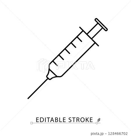 A syringe icon in minimalist style with editable stroke. Medical injection, vaccination tool, health procedure, needle device, hospital treatment, fluid delivery, outline vector illustration. 128466702
