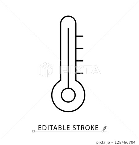 A thermometer icon in minimalist style with editable stroke. Temperature measurement, medical tool, fever check, weather indicator, health device, climate scale, outline vector illustration. 128466704