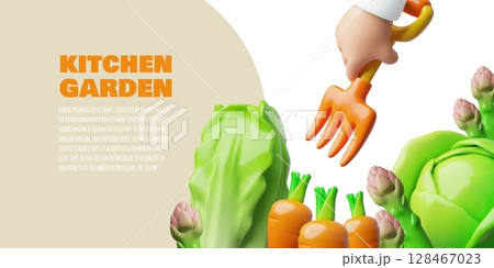 Kitchen garden 3D plastic style vector banner design, organic crops, farming and gardening concept, vegetables harvest 128467023