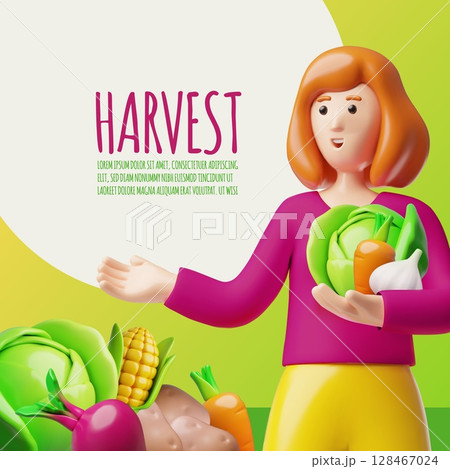 Vegetables harvest 3D plastic style vector poster design, volumetric cabbage, beets, carrots, garlic, corn organic food 128467024