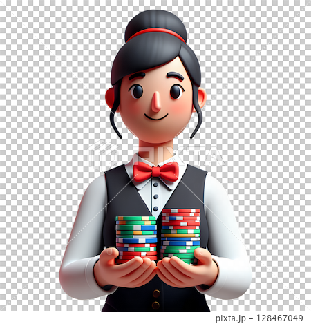 Female casino dealer in uniform holding poker chips, 3d render isolated on transparent background, gambling profession concept 128467049