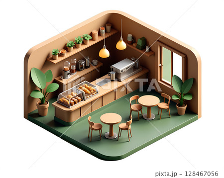 Isometric cafe interior scene with wooden tables, chairs and coffee counter, 3d food service illustration Isometric cafe interior scene with wooden tables, chairs and coffee counter, 3d food service illustration 128467056