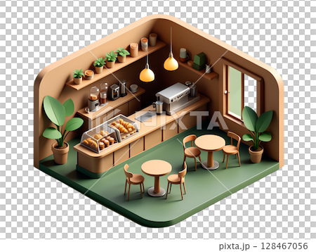 Isometric cafe interior scene with wooden tables, chairs and coffee counter, 3d food service illustration Isometric cafe interior scene with wooden tables, chairs and coffee counter, 3d food service illustration 128467056