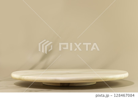 Wooden podium with shadows of rye and wheat. Empty product display on natural beige background for presentation pastries or bakery. Scene stage showcase for product, promotion sale. Front view Wooden podium with shadows of rye and wheat. Empty product display on natural beige background for presentation pastries or bakery. Scene stage showcase for product, promotion sale. Front view 128467084