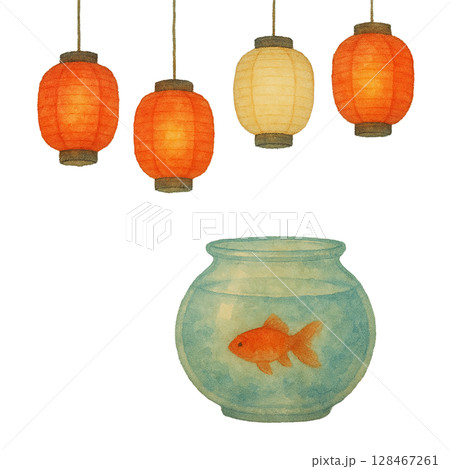 夏祭りの提灯と金魚鉢 夏祭りの提灯と金魚鉢 128467261