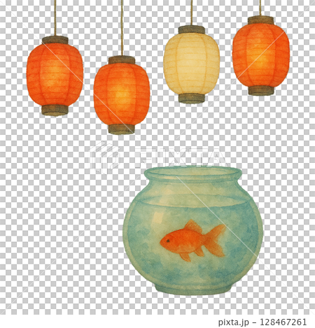 夏祭りの提灯と金魚鉢 夏祭りの提灯と金魚鉢 128467261