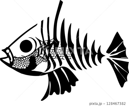 simple black graphic drawing fish skeleton silhouette, logo, design 128467382