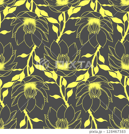 simple graphic seamless pattern of yellow magnolia flowers on a gray background, texture 128467383