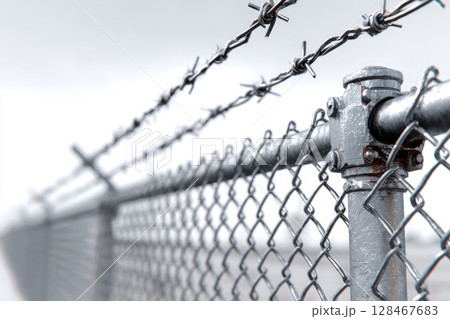 Barbed wire stretched along metal fence 128467683