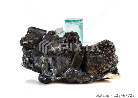 Macro mineral stone Aquamarine and black tourmaline, Schorl on a white background Macro mineral stone Aquamarine and black tourmaline, Schorl on a white background 128467725