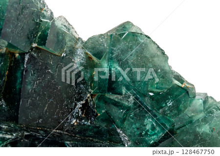 Macro mineral stone Fluorite on a white background 128467750