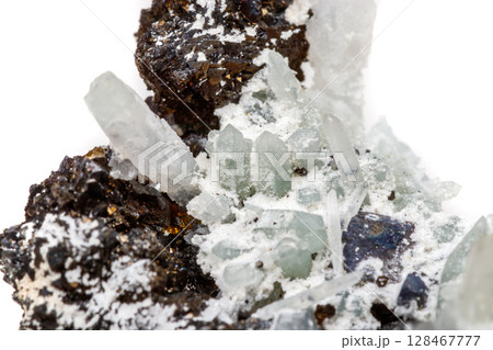 Macro mineral stone Drusus quartz with sphalerite in the rock a white background 128467777