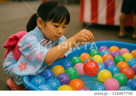 ヨーヨーすくいを楽しむカラフルな水風船 ヨーヨーすくいを楽しむカラフルな水風船 128467798