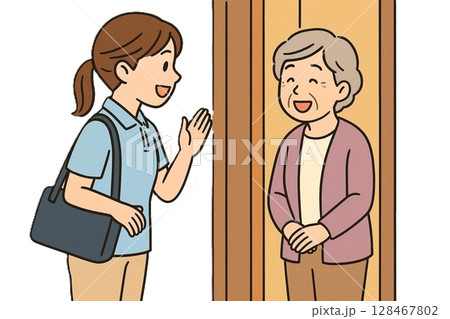 訪問介護で高齢者の自宅を訪れる介護士のイラスト 128467802