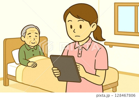 介護施設でベッド上の高齢者を見守りながら記録を取る介護士のイラスト 128467806