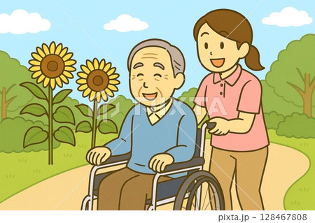 介護士が車いすの高齢者とひまわりが咲く道を散歩するイラスト 128467808