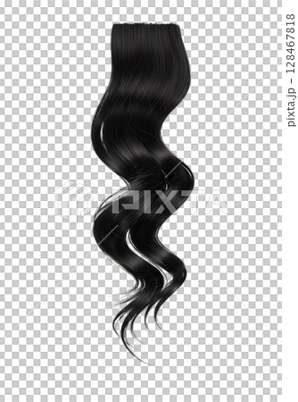 Long black wavy hair extension isolated on transparent background, human hair for styling or beauty ads 128467818