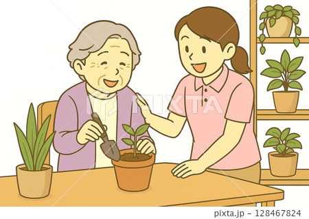 介護士と高齢女性が一緒に室内で植木鉢の世話をするイラスト 128467824