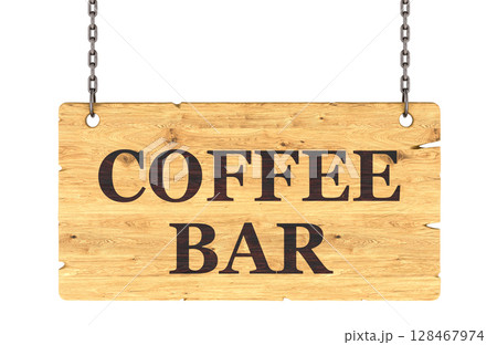 Coffee Bar wooden sign hanging on chains. 3D rendering 128467974
