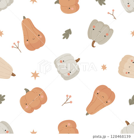 Seamless autumn pattern with cute cartoon pumpkins, leaves, stars, and berries. Warm pastel colors, fall harvest theme. 128468139