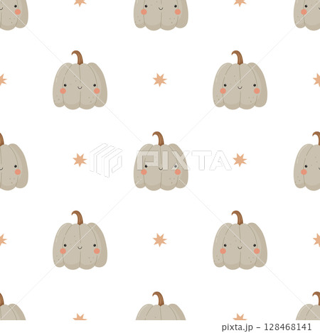 Seamless pattern with cute beige pumpkins and stars. Hand-drawn fall vegetable character in soft neutral tones. 128468141
