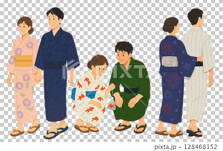 A set of three illustrations of couples in yukata enjoying the summer festival 128468152
