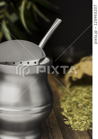 Stainless Yerba Mate Gourd with Bombilla and Loose Leaf Stainless Yerba Mate Gourd with Bombilla and Loose Leaf 128468207