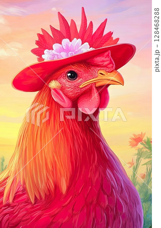 Close up of fancy red rooster Bird has stylish hat and flower decor in background 128468288