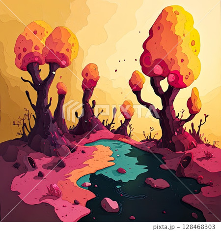 Stylized fantasy landscape features trees teal water and an otherworldly dreamlike scenery Stylized fantasy landscape features trees teal water and an otherworldly dreamlike scenery 128468303