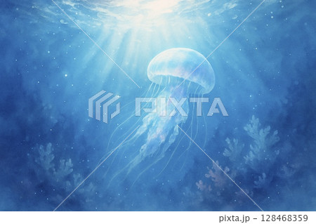 水中に漂うクラゲと水面からの光のイラスト素材 [128468359] - PIXTA