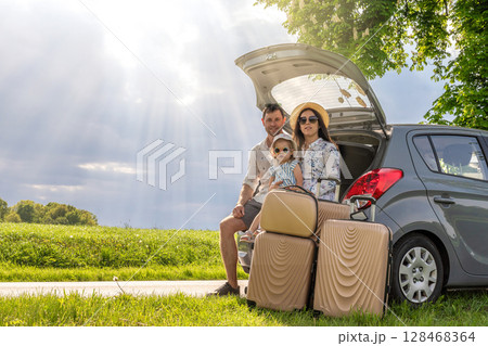 Child in car. Family vacation trip road. Seat travel freedom summer. 128468364