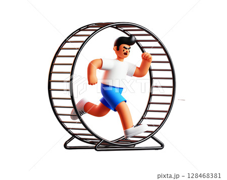 Exhausted man running in giant hamster wheel, 3d metaphor for endless routine and corporate burnout concept 128468381