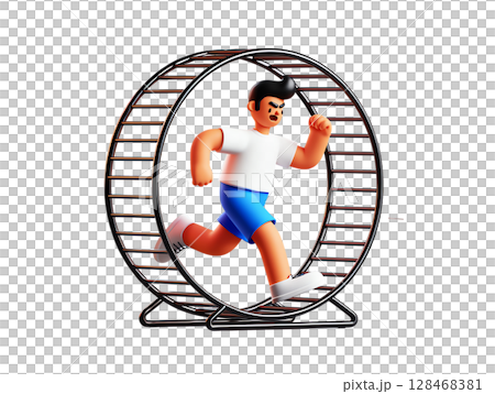 Exhausted man running in giant hamster wheel, 3d metaphor for endless routine and corporate burnout concept 128468381