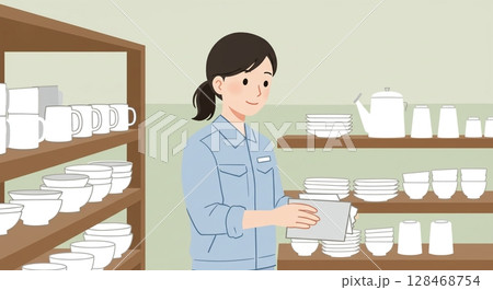 衛生管理の基本！きれいに洗浄された食器を整理する手元 128468754