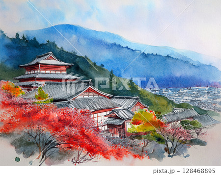 日本の風景、柔らかな水彩画 128468895