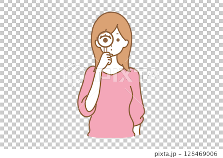 Woman looking through a magnifying glass Woman looking through a magnifying glass 128469006