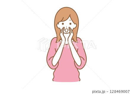 口に手を当てて呼びかける女性 口に手を当てて呼びかける女性 128469007