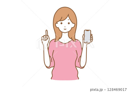 スマホを持って説明する女性のイラスト 128469017