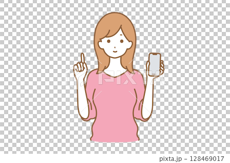 スマホを持って説明する女性のイラスト 128469017