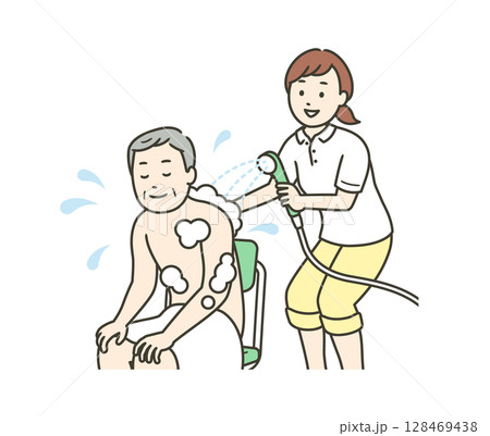 入浴介助をする介護士とシャワーを浴びる高齢男性の上半身イラスト 128469438