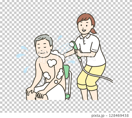 入浴介助をする介護士とシャワーを浴びる高齢男性の上半身イラスト 128469438